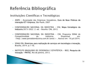 ANPEI – Associação das Empresas Inovadoras, GuiaGuiaGuiaGuia dededede BoasBoasBoasBoas PráticasPráticasPráticasPráticas dededede
interaçãointeraçãointeraçãointeração ICTICTICTICT----EmpresaEmpresaEmpresaEmpresa, São Paulo, 2007
CONFEDERAÇÃO NACIONAL DA INDÚSTRIA - CNI, MapaMapaMapaMapa EstratégicoEstratégicoEstratégicoEstratégico dadadada
IndústriaIndústriaIndústriaIndústria 2013-2022. 2. ed. – Brasília: CNI, 2013.
CONFEDERAÇÃO NACIONAL DA INDÚSTRIA - CNI. Programa SENAI deCONFEDERAÇÃO NACIONAL DA INDÚSTRIA - CNI. Programa SENAI de
Competitividade da Indústria. Disponível em:
<http://www.portaldaindustria.com.br/senai/> . Acesso em: 19/jul/2014.
SENAI/DN. DiretrizesDiretrizesDiretrizesDiretrizes paraparaparapara realizaçãorealizaçãorealizaçãorealização dededede serviçosserviçosserviçosserviços emememem tecnologiatecnologiatecnologiatecnologia eeee inovação,inovação,inovação,inovação,
Brasília, 2014. p.1-16.
INSTITUTO BRASILEIRO DE GEOGRAFIA E ESTATÍSTICA – IBGE, PesquisaPesquisaPesquisaPesquisa dededede
inovaçãoinovaçãoinovaçãoinovação –––– PINTECPINTECPINTECPINTEC. Rio de Janeiro, 2013.
51
 