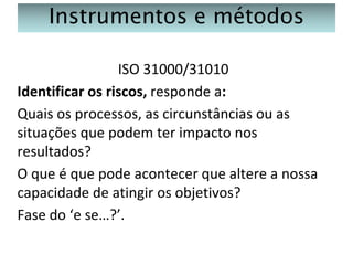 Instrumentos e métodos
ISO 31000/31010
Identificar os riscos, responde a:
Quais os processos, as circunstâncias ou as
situações que podem ter impacto nos
resultados?
O que é que pode acontecer que altere a nossa
capacidade de atingir os objetivos?
Fase do ‘e se…?’.

 