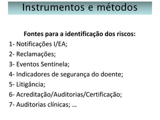 Instrumentos e métodos
Fontes para a identificação dos riscos:
1- Notificações I/EA;
2- Reclamações;
3- Eventos Sentinela;
4- Indicadores de segurança do doente;
5- Litigância;
6- Acreditação/Auditorias/Certificação;
7- Auditorias clínicas; …

 