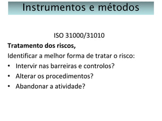 Instrumentos e métodos
ISO 31000/31010
Tratamento dos riscos,
Identificar a melhor forma de tratar o risco:
• Intervir nas barreiras e controlos?
• Alterar os procedimentos?
• Abandonar a atividade?

 