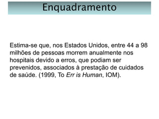 Enquadramento

Estima-se que, nos Estados Unidos, entre 44 a 98
milhões de pessoas morrem anualmente nos
hospitais devido a erros, que podiam ser
prevenidos, associados à prestação de cuidados
de saúde. (1999, To Err is Human, IOM).

 