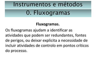 Instrumentos e métodos
0. Fluxogramas
Fluxogramas.
Os fluxogramas ajudam a identificar as
atividades que podem ser redundantes, fontes
de perigos, ou deixar explicita a necessidade de
incluir atividades de controlo em pontos críticos
do processo.

 