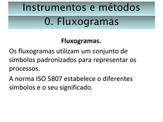 Instrumentos e métodos
0. Fluxogramas
Fluxogramas.
Os fluxogramas utilizam um conjunto de
símbolos padronizados para representar os
processos.
A norma ISO 5807 estabelece o diferentes
símbolos e o seu significado.

 