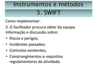 Instrumentos e métodos
3. SWIFT
Como implementar:
3. O facilitador procura obter da equipa
informação e discussão sobre:
• Riscos e perigos;
• Incidentes passados;
• Controlos existentes;
• Constrangimentos e requisitos
regulamentares da atividade.

 