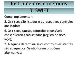Instrumentos e métodos
3. SWIFT
Como implementar:
5. Os riscos são listados e os respetivos controlos
analisados;
6. Os riscos, causas, controlos e possíveis
consequências são listados (registo de risco,
laço);
7. A equipa determina se os controlos existentes
são adequados. Se não forem propõem
alternativas;

 