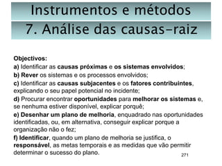 Instrumentos e métodos
7. Análise das causas-raiz
Objectivos:
a) Identificar as causas próximas e os sistemas envolvidos;
b) Rever os sistemas e os processos envolvidos;
c) Identificar as causas subjacentes e os fatores contribuintes,
explicando o seu papel potencial no incidente;
d) Procurar encontrar oportunidades para melhorar os sistemas e,
se nenhuma estiver disponível, explicar porquê;
e) Desenhar um plano de melhoria, enquadrado nas oportunidades
identificadas, ou, em alternativa, conseguir explicar porque a
organização não o fez;
f) Identificar, quando um plano de melhoria se justifica, o
responsável, as metas temporais e as medidas que vão permitir
determinar o sucesso do plano.
271

 