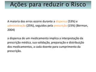 Ações para reduzir o Risco
A maioria dos erros ocorre durante a dispensa (53%) e
administração (25%), seguidos pela prescrição (15%) (Berman,
2004)
a dispensa de um medicamento implica a interpretação da
prescrição médica, sua validação, preparação e distribuição
dos medicamentos, a cada doente para cumprimento da
prescrição.

 