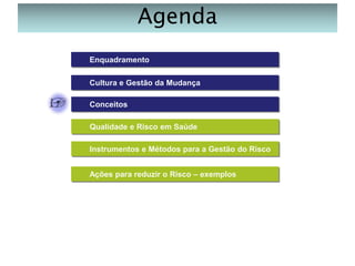 Agenda
Enquadramento
Cultura e Gestão da Mudança

Conceitos
Qualidade e Risco em Saúde
Instrumentos e Métodos para a Gestão do Risco
Ações para reduzir o Risco – exemplos

 