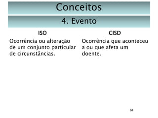 Conceitos
4. Evento
ISO

CISD

Ocorrência ou alteração
de um conjunto particular
de circunstâncias.

Ocorrência que aconteceu
a ou que afeta um
doente.

64

 