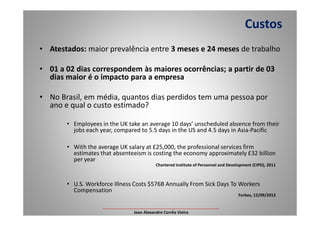 • Atestados: maior prevalência entre 3 meses e 24 meses de trabalho
• 01 a 02 dias correspondem às maiores ocorrências; a partir de 03
dias maior é o impacto para a empresa
• No Brasil, em média, quantos dias perdidos tem uma pessoa por
ano e qual o custo estimado?
Custos
• Employees in the UK take an average 10 days’ unscheduled absence from their
jobs each year, compared to 5.5 days in the US and 4.5 days in Asia-Pacific
• With the average UK salary at £25,000, the professional services firm
estimates that absenteeism is costing the economy approximately £32 billion
per year
• U.S. Workforce Illness Costs $576B Annually From Sick Days To Workers
Compensation
Chartered Institute of Personnel and Development (CIPD), 2011
Forbes, 12/09/2012
___________________________________________________
Jean Alexandre Corrêa Vieira
 