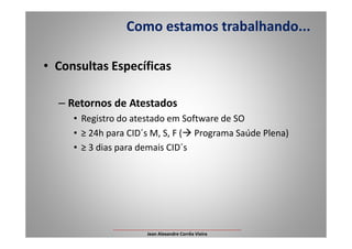 • Consultas Específicas
– Retornos de Atestados
• Registro do atestado em Software de SO
Como estamos trabalhando...
• ≥ 24h para CID´s M, S, F ( Programa Saúde Plena)
• ≥ 3 dias para demais CID´s
___________________________________________________
Jean Alexandre Corrêa Vieira
 