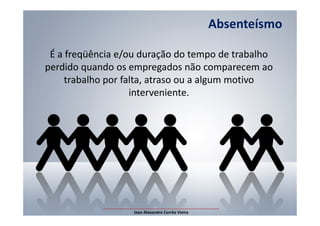 É a freqüência e/ou duração do tempo de trabalho
perdido quando os empregados não comparecem ao
trabalho por falta, atraso ou a algum motivo
interveniente.
Absenteísmo
___________________________________________________
Jean Alexandre Corrêa Vieira
 