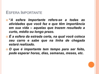 ESFERA IMPORTANTE
 “A esfera Importante refere-se a todas as
atividades que você faz e que têm importância
em sua vida – aquelas que trazem resultado a
curto, médio ou longo prazo.
 É a esfera da estrada certa, na qual você coloca
seu carro e sabe que na linha de chegada
estará realizado.
 O que é importante tem tempo para ser feito,
pode esperar horas, dias, semanas, meses, etc.
 