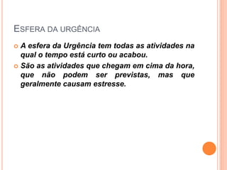 ESFERA DA URGÊNCIA
 A esfera da Urgência tem todas as atividades na
qual o tempo está curto ou acabou.
 São as atividades que chegam em cima da hora,
que não podem ser previstas, mas que
geralmente causam estresse.
 