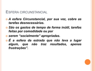 ESFERA CIRCUNSTANCIAL
 A esfera Circunstancial, por sua vez, cobre as
tarefas desnecessárias.
 São os gastos de tempo de forma inútil, tarefas
feitas por comodidade ou por
 serem “socialmente” apropriadas.
 É a esfera da estrada que não leva a lugar
algum, que não traz resultados, apenas
frustrações”.
 