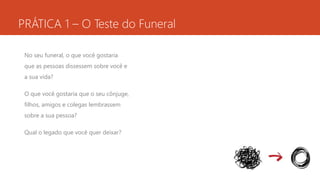 PRÁTICA 1 – O Teste do Funeral 
No seu funeral, o que você gostaria 
que as pessoas dissessem sobre você e 
a sua vida? 
O que você gostaria que o seu cônjuge, 
filhos, amigos e colegas lembrassem 
sobre a sua pessoa? 
Qual o legado que você quer deixar? 
 