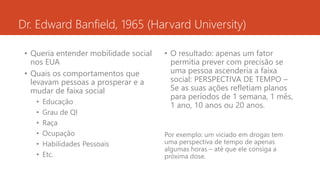 Dr. Edward Banfield, 1965 (Harvard University) 
• Queria entender mobilidade social 
nos EUA 
• Quais os comportamentos que 
levavam pessoas a prosperar e a 
mudar de faixa social 
• Educação 
• Grau de QI 
• Raça 
• Ocupação 
• Habilidades Pessoais 
• Etc. 
• O resultado: apenas um fator 
permitia prever com precisão se 
uma pessoa ascenderia a faixa 
social: PERSPECTIVA DE TEMPO – 
Se as suas ações refletiam planos 
para períodos de 1 semana, 1 mês, 
1 ano, 10 anos ou 20 anos. 
Por exemplo: um viciado em drogas tem 
uma perspectiva de tempo de apenas 
algumas horas – até que ele consiga a 
próxima dose. 
 