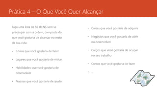 Prática 4 – O Que Você Quer Alcançar 
Faça uma lista de 50 ITENS sem se 
preocupar com a ordem, composta do 
que você gostaria de alcançar no resto 
da sua vida: 
• Coisas que você gostaria de fazer 
• Lugares que você gostaria de visitar 
• Habilidades que você gostaria de 
desenvolver 
• Pessoas que você gostaria de ajudar 
• Coisas que você gostaria de adquirir 
• Negócios que você gostaria de abrir 
ou desenvolver 
• Cargos que você gostaria de ocupar 
no seu trabalho 
• Cursos que você gostaria de fazer 
• ... 
 