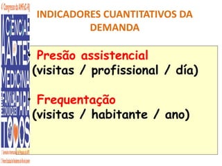 INDICADORES CUANTITATIVOS DA 
DEMANDA 
• Presão assistencial 
(visitas / profissional / día) 
• Frequentação 
(visitas / habitante / ano) 
 