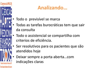 Analizando… 
• Todo o previsível se marca 
• Todas as tarefas burocráticas tem que sair 
da consulta 
• Todo o assistencial se compartilha com 
criterios de eficiência. 
• Ser resolutivos para os pacientes que são 
atendidos hoje 
• Deixar sempre a porta aberta…com 
indicações claras 
 