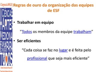 Regras de ouro da organização das equipes 
de ESF 
• Trabalhar em equipo 
“Todos os membros da equipe trabalham” 
• Ser eficientes 
“Cada coisa se faz no lugar e é feita pelo 
profissional que seja mais eficiente” 
 