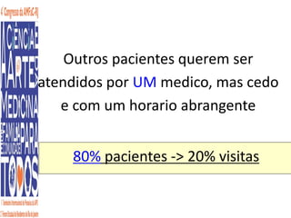 Outros pacientes querem ser 
atendidos por UM medico, mas cedo 
e com um horario abrangente 
80% pacientes -> 20% visitas 
 