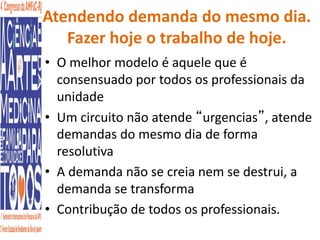 Atendendo demanda do mesmo dia. 
Fazer hoje o trabalho de hoje. 
• O melhor modelo é aquele que é 
consensuado por todos os professionais da 
unidade 
• Um circuito não atende “urgencias”, atende 
demandas do mesmo dia de forma 
resolutiva 
• A demanda não se creia nem se destrui, a 
demanda se transforma 
• Contribução de todos os professionais. 
 