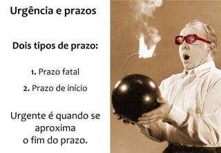 Urgência e prazos
Urgente é quando se
aproxima
o fim do prazo.
Dois tipos de prazo:
1. Prazo fatal
2. Prazo de início
 