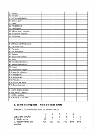 1.1 Vendas
1.2 Serviços
2. CUSTOS VARIÁVEIS
2.1 CPV ou CMV
2.2 Fretes
2.3 PIS/CONFINS
2.4 Embalagens
2.5 Mão de obra + encargos.
2.6 Serviços de terceiros
2.7 Comissões



3. MARCEM CONTRIBUIÇÃO
4. CUSTOS FIXOS
4.1 Pró-labore
4.2 Sal. + encargos
4.3 Seguros
4.4 Despesas Bancárias
4.5 Juros
4.6 Honorários Contábeis
4.7 Material de Consumo
4.8 Aluguel
4.9 Despesas de Viagens
4.10 Água, luz e telefone
4.11 Propaganda
4.12 Depreciação
4.13 Veículos
4.14 Ônibus, táxi, selos
4.15 Outras despesas


5. LUCRO OPERACIONAL
6. RES. EXTRA OPERAC.
7. LUCRO LÍQUIDO
8. PONTO DE EQUILIBRIO



      1. Exercício proposto – fluxo de caixa direto

      Elabore o fluxo de caixa com os dados abaixo

                                    M     E      S      E     S
      DISCRIMINAÇÃO                 1     2      3      4     5     6
      1. Saldo inicial             80     -      -      -     -     -
      2. Recebimento das          700   650    720    780   600   680
      vendas
                                                                        15
 