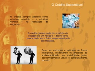 Deve ser entregue e aplicado de forma inteligente, respeitando os preceitos de sustentabilidade: ser socialmente justo, economicamente viável e ecologicamente correto.  O Crédito Sustentável O crédito sempre aparece como principal remédio – e principal veneno – na realização de negócios.  O crédito jamais pode ter o mérito do  sucesso de um negócio – assim como nunca pode ser o único responsável pelo seu fracasso.  