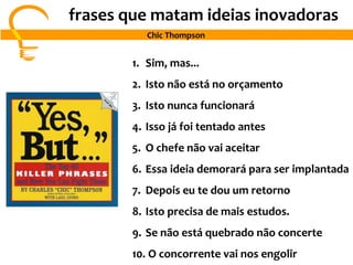 frases que matam ideias inovadoras
Chic Thompson
1. Sim, mas...
2. Isto não está no orçamento
3. Isto nunca funcionará
4. Isso já foi tentado antes
5. O chefe não vai aceitar
6. Essa ideia demorará para ser implantada
7. Depois eu te dou um retorno
8. Isto precisa de mais estudos.
9. Se não está quebrado não concerte
10. O concorrente vai nos engolir
 