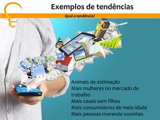 Exemplos de tendências
Qual a tendência?
Animais de estimação
Mais mulheres no mercado de
trabalho
Mais casais sem filhos
Mais consumidores de meia idade
Mais pessoas morando sozinhas
 