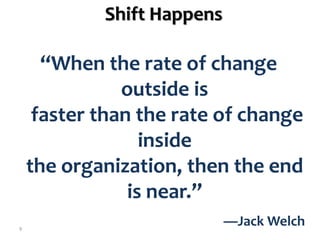 “When the rate of change
outside is
faster than the rate of change
inside
the organization, then the end
is near.”
—Jack Welch
Shift Happens
9
 