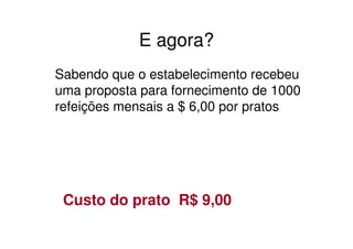 E agora?
Sabendo que o estabelecimento recebeu
uma proposta para fornecimento de 1000
refeições mensais a $ 6,00 por pratos




 Custo do prato R$ 9,00
 