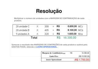 Resolução
  Multiplicar o número de unidades com a MARGEM DE CONTRIBUIÇÃO de cada
  produto.




Soma-se o resultado das MARGENS DE CONTRIÇÕES de cada produto e subtrai pelo
GASTOS FIXOS, obtendo o LUCRO OPERACIONAL.
 