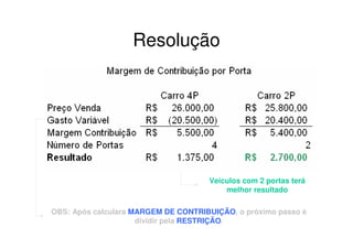 Resolução




                                     Veículos com 2 portas terá
                                         melhor resultado

OBS: Após calculara MARGEM DE CONTRIBUIÇÃO, o próximo passo é
                     dividir pela RESTRIÇÃO.
 