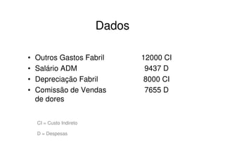 Dados

•   Outros Gastos Fabril          12000 CI
•   Salário ADM                    9437 D
•   Depreciação Fabril             8000 CI
•   Comissão de Vendas             7655 D
    de dores


    CI = Custo Indireto

    D = Despesas
 
