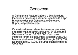 Genoveva
A Companhia Pasteurizadora e Distribuidora
Genoveva processa e distribui leite tipo C e tipo
B, conhecidos por Genoveva e Genoveva
Super, respectivamente.

Os custos diretos referentes a esses produtos,
em certo mês, foram: Genoveva, $4.390.000 e
Genoveva Super, $2.520.000. Os custos
indiretos foram os seguintes: Aluguel $425.000;
Materiais indiretos $260.000; Energia $365.750;
Depreciação $240.000 e outros custos indiretos
$330.000.
 