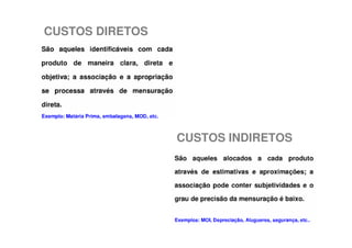 CUSTOS DIRETOS




                 CUSTOS INDIRETOS
 