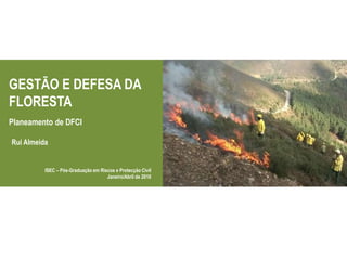 GESTÃO E DEFESA DA
FLORESTA
Planeamento de DFCI
ISEC – Pós-Graduação em Riscos e Protecção Civil
Janeiro/Abril de 2010
Rui Almeida
 