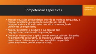 Competências Específicas
Competências
Específicas
• Traduzir situações problemáticas através de modelos adequados, e
resolver problemas aplicando ferramentas de cálculo,
interpretando e aplicando estes conceitos na resolução de
problemas de engenharia;
• Analisar problemas e produzir a sua solução com
linguagens/ferramentas de programação;
• Conhecer, desenvolver e aplica conhecimentos teóricos, baseados
no pensamento construtivo, de maneira a projetar, planear e
implementar sistemas produtivos, completos ou parciais,
tecnicamente e economicamente viável;
 