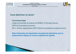 Ministério da Educação
                   UNIVERSIDADE TECNOLÓGICA FEDERAL DO PARANÁ
                                   Campus Toledo




Como determinar os riscos?

-   Tecnicamente legal:
-   Código de Prevenção de Incêndio da CBPMPR, 2012(Carga Térmica)
-   NFPA-45 (Quantidade de produtos)
-   NR´s – Normas regulamentares (NR-9: Riscos de exposição aos agentes nocivos)

-   Estas informações são importantes nos projetos de laboratórios, pois os
    projetos devem adequar as normas e regulamentos vigentes.




                                                                                   34
 