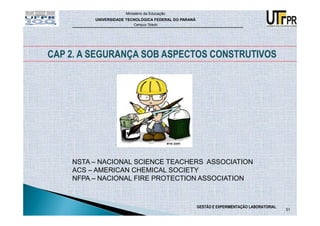 Ministério da Educação
         UNIVERSIDADE TECNOLÓGICA FEDERAL DO PARANÁ
                         Campus Toledo




CAP 2. A SEGURANÇA SOB ASPECTOS CONSTRUTIVOS




    NSTA – NACIONAL SCIENCE TEACHERS ASSOCIATION
    ACS – AMERICAN CHEMICAL SOCIETY
    NFPA – NACIONAL FIRE PROTECTION ASSOCIATION



                                                      GESTÃO E EXPERIMENTAÇÃO LABORATORIAL
                                                                                             51
 