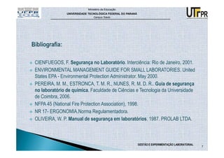 Ministério da Educação
               UNIVERSIDADE TECNOLÓGICA FEDERAL DO PARANÁ
                               Campus Toledo




CIENFUEGOS, F. Segurança no Laboratório. Interciência: Rio de Janeiro, 2001.
ENVIRONMENTAL MANAGEMENT GUIDE FOR SMALL LABORATORIES. United
States EPA - Environmental Protection Administrator. May 2000.
PEREIRA, M. M., ESTRONCA, T. M. R., NUNES, R. M. D. R.. Guia de segurança
no laboratório de química. Faculdade de Ciências e Tecnologia da Universidade
de Coimbra, 2006.
NFPA 45 (National Fire Protection Association), 1998.
NR 17- ERGONOMIA.Norma Regulamentadora.
OLIVEIRA, W. P. Manual de segurança em laboratórios. 1987. PROLAB LTDA.



                                                            GESTÃO E EXPERIMENTAÇÃO LABORATORIAL
                                                                                                   7
 