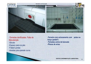 Ministério da Educação
                      UNIVERSIDADE TECNOLÓGICA FEDERAL DO PARANÁ
                                      Campus Toledo




-Tomadas danificadas. Falta de                             -Torneira com acionamento com pulso ou
Manutenção                                                 braço (pedal?)
-Sóculo                                                    -Tomadas acima da bancada
                                                           -Placas de aviso
-Espaço para os pés
-Faltam portas
-Arestas piso-parede curva


                                                                    GESTÃO E EXPERIMENTAÇÃO LABORATORIAL
                                                                                                           76
 