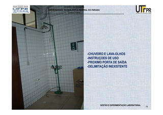 Ministério da Educação
UNIVERSIDADE TECNOLÓGICA FEDERAL DO PARANÁ
                Campus Toledo




                                     -CHUVEIRO E LAVA-OLHOS
                                     -INSTRUÇOES DE USO
                                     -PROXIMO PORTA DE SAÍDA
                                     -DELIMITAÇÃO INEXISTENTE




                                             GESTÃO E EXPERIMENTAÇÃO LABORATORIAL
                                                                                    79
 
