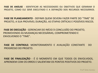 FASE DE ANÁLISE  - IDENTIFICAR AS NECESSIDADES OU OBJETIVOS QUE GERARAM O PROJETO, COMO ELE SERÁ EXECUTADO E A DEFINIÇÃO DOS RECURSOS NECESSÁRIOS. FASE DE PLANEJAMENTO  - DEFINIR QUEM DEVERA FAZER PARTE DO "TIME" DE PROJETO, A SUA PROVÁVEL DURAÇÃO, AS ETAPAS CRÍTICAS E POSSÍVEIS RISCOS. FASE DE EXECUÇÃO  - GERENCIAR DO INÍCIO À CONCLUSÃO DO PROJETO, PROMOVENDO AS MUDANÇAS NECESSÁRIAS, COMPROMETENDO E ENVOLVENDO O "TIME”. FASE DE FINALIZAÇÃO  - É O MOMENTO EM QUE TODOS OS ENVOLVIDOS, APRENDEM COM OS ERROS E SALIENTAM OS PONTOS POSITIVOS DO PROJETO. FASE DE CONTROLE:  MONITORAMENTO E AVALIAÇÃO CONSTANTE  DO PROGRESSO DO PROJETO. 