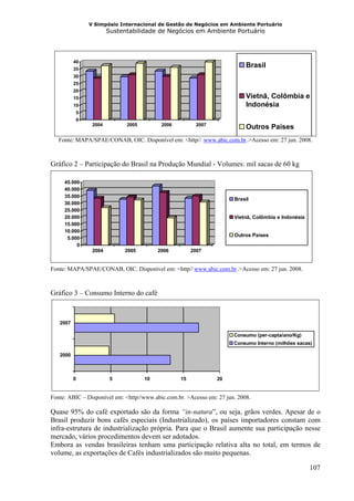 V Simpósio Internacional de Gestão de Negócios em Ambiente Portuário
                       Sustentabilidade de Negócios em Ambiente Portuário




          40
          35
                                                                              Brasil
          30
          25
          20
          15                                                                  Vietnã, Colômbia e
          10                                                                  Indonésia
          5
          0
                2004         2005          2006             2007
                                                                              Outros Países
   Fonte: MAPA/SPAE/CONAB, OIC. Disponível em: <http// www.abic.com.br .>Acesso em: 27 jun. 2008.
                                                              HU              UH




Gráfico 2 – Participação do Brasil na Produção Mundial - Volumes: mil sacas de 60 kg

     45.000
     40.000
     35.000
                                                                        Brasil
     30.000
     25.000
     20.000                                                             Vietnã, Colômbia e Indonésia
     15.000
     10.000
                                                                        Outros Países
      5.000
          0
                2004        2005         2006          2007


Fonte: MAPA/SPAE/CONAB, OIC. Disponível em: <http// www.abic.com.br .>Acesso em: 27 jun. 2008.
                                                       HU                UH




Gráfico 3 – Consumo Interno do café



   2007

                                                                        Consumo (per-capta/ano/Kg)
                                                                        Consumo Interno (milhões sacas)

   2000



          0             5           10            15               20


Fonte: ABIC – Disponível em: <http//www.abic.com.br. >Acesso em: 27 jun. 2008.

Quase 95% do café exportado são da forma “in-natura”, ou seja, grãos verdes. Apesar de o
Brasil produzir bons cafés especiais (Industrializado), os países importadores constam com
infra-estrutura de industrialização própria. Para que o Brasil aumente sua participação nesse
mercado, vários procedimentos devem ser adotados.
Embora as vendas brasileiras tenham uma participação relativa alta no total, em termos de
volume, as exportações de Cafés industrializados são muito pequenas.

                                                                                                       107
 