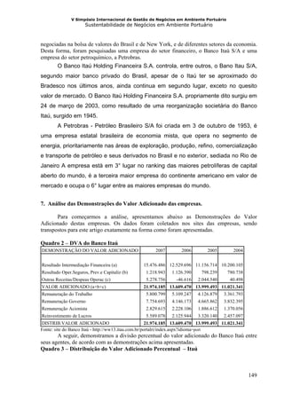 V Simpósio Internacional de Gestão de Negócios em Ambiente Portuário
                      Sustentabilidade de Negócios em Ambiente Portuário



negociadas na bolsa de valores do Brasil e de New York, e de diferentes setores da economia.
Desta forma, foram pesquisadas uma empresa do setor financeiro, o Banco Itaú S/A e uma
empresa do setor petroquímico, a Petrobras.
       O Banco Itaú Holding Financeira S.A. controla, entre outros, o Bano Itau S/A,
segundo maior banco privado do Brasil, apesar de o Itaú ter se aproximado do
Bradesco nos últimos anos, ainda continua em segundo lugar, exceto no quesito
valor de mercado. O Banco Itaú Holding Financeira S.A. propriamente dito surgiu em
24 de março de 2003, como resultado de uma reorganização societária do Banco
Itaú, surgido em 1945.
        A Petrobras - Petróleo Brasileiro S/A foi criada em 3 de outubro de 1953, é
uma empresa estatal brasileira de economia mista, que opera no segmento de
energia, prioritariamente nas áreas de exploração, produção, refino, comercialização
e transporte de petróleo e seus derivados no Brasil e no exterior, sediada no Rio de
Janeiro A empresa está em 3° lugar no ranking das maiores petrolíferas de capital
aberto do mundo, é a terceira maior empresa do continente americano em valor de
mercado e ocupa o 6° lugar entre as maiores empresas do mundo.


7. Análise das Demonstrações do Valor Adicionado das empresas.

       Para começarmos a análise, apresentamos abaixo as Demonstrações do Valor
Adicionado destas empresas. Os dados foram coletados nos sites das empresas, sendo
transpostos para este artigo exatamente na forma como foram apresentadas.

Quadro 2 – DVA do Banco Itaú
DEMONSTRAÇÃO DO VALOR ADICIONADO                       2007        2006        2005         2004


Resultado Intermediação Financeira (a)           15.476.486 12.529.696 11.156.714 10.200.105
Resultado Oper.Seguros, Prev.e Capitaliz (b)      1.218.943   1.126.390      798.239     780.738
Outras Receitas/Despeas Operac (c)                5.278.756      -46.616   2.044.540      40.498
VALOR ADICIONADO (a+b+c)                         21.974.185 13.609.470 13.999.493 11.021.341
Remuneração do Trabalho                           5.800.799   5.109.247    4.126.879   3.361.793
Remuneração Governo                               7.754.693   4.146.173    4.665.862   3.832.395
Remuneração Acionista                             2.829.615   2.228.106    1.886.612   1.370.056
Reinvestimento de Lucros                          5.589.078   2.125.944    3.320.140   2.457.097
DISTRIB.VALOR ADICIONADO                              21.974.185 13.609.470 13.999.493 11.021.341
Fonte: site do Banco Itaú - http://ww13.itau.com.br/portalri/index.aspx?idioma=port
       A seguir, demonstramos a divisão percentual do valor adicionado do Banco Itaú entre
seus agentes, de acordo com as demonstrações acima apresentadas.
Quadro 3 – Distribuição do Valor Adicionado Percentual – Itaú



                                                                                                    149
 