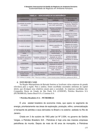 V Simpósio Internacional de Gestão de Negócios em Ambiente Portuário
                  Sustentabilidade de Negócios em Ambiente Portuário




    4. ESTUDO DE CASO
       Na Região Metropolitana da Baixada Santista se localizam várias empresas de grande
relevância para a região. Para a análise, foram escolhidas sociedades anônimas de capital
aberto, que divulgam seus relatórios anuais para a sociedade. As empresas escolhidas são:
Companhia Docas do Estado de São Paulo S/A (CODESP), Petróleo Brasileiro S/A
(PETROBRAS), Santos Brasil S/A e Usiminas S/A.

      • Petróleo Brasileiro S/A – PETROBRAS

      É uma     estatal brasileira de economia mista, que opera no segmento de
energia, prioritariamente nas áreas de exploração, produção, refino, comercialização
e transporte de petróleo e seus derivados no Brasil e no exterior, sediada no Rio de
Janeiro.
      Criada em 3 de outubro de 1953 pela Lei Nº 2.004, no governo de Getúlio
Vargas, a Petroleo Brasileiro S/A - Petrobras é hoje uma das maiores empresas
petrolíferas do mundo. Depois de mais de 40 anos de monopólio, a Petrobras

                                                                                     177
 